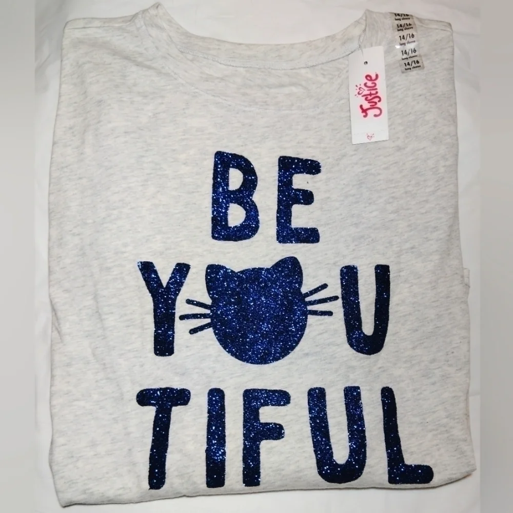 Justice Be-You-Tiful Sparkling Kitty Long Sleeve T-Shirt- 14/16